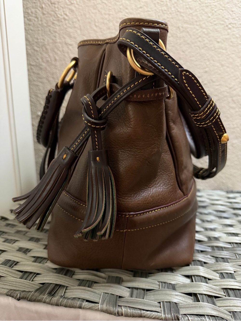 Dooney & Bourke Florentine Buckley Brown Leather Drawstring Satchel with Tassels - Picture 5 of 16